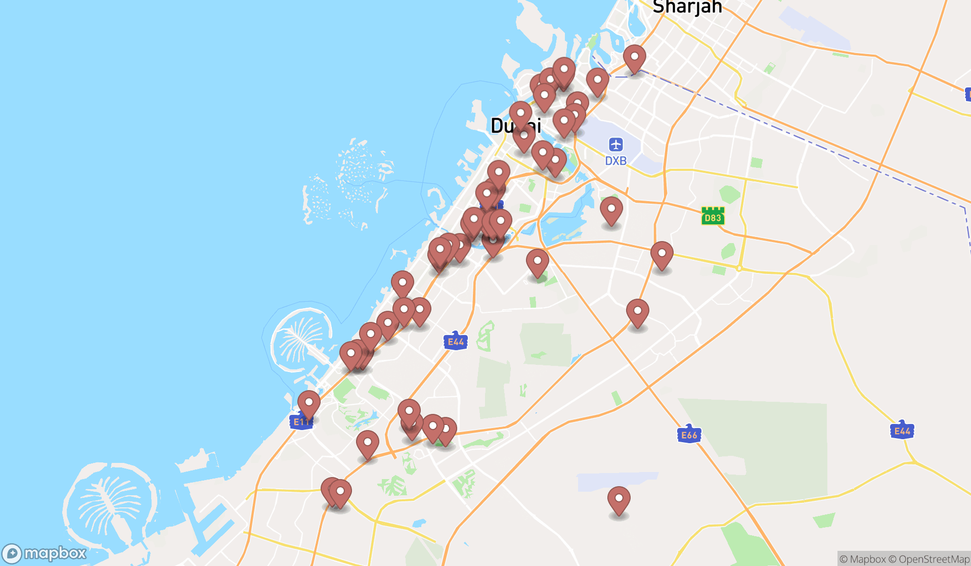 Map showing the search results in Dubai