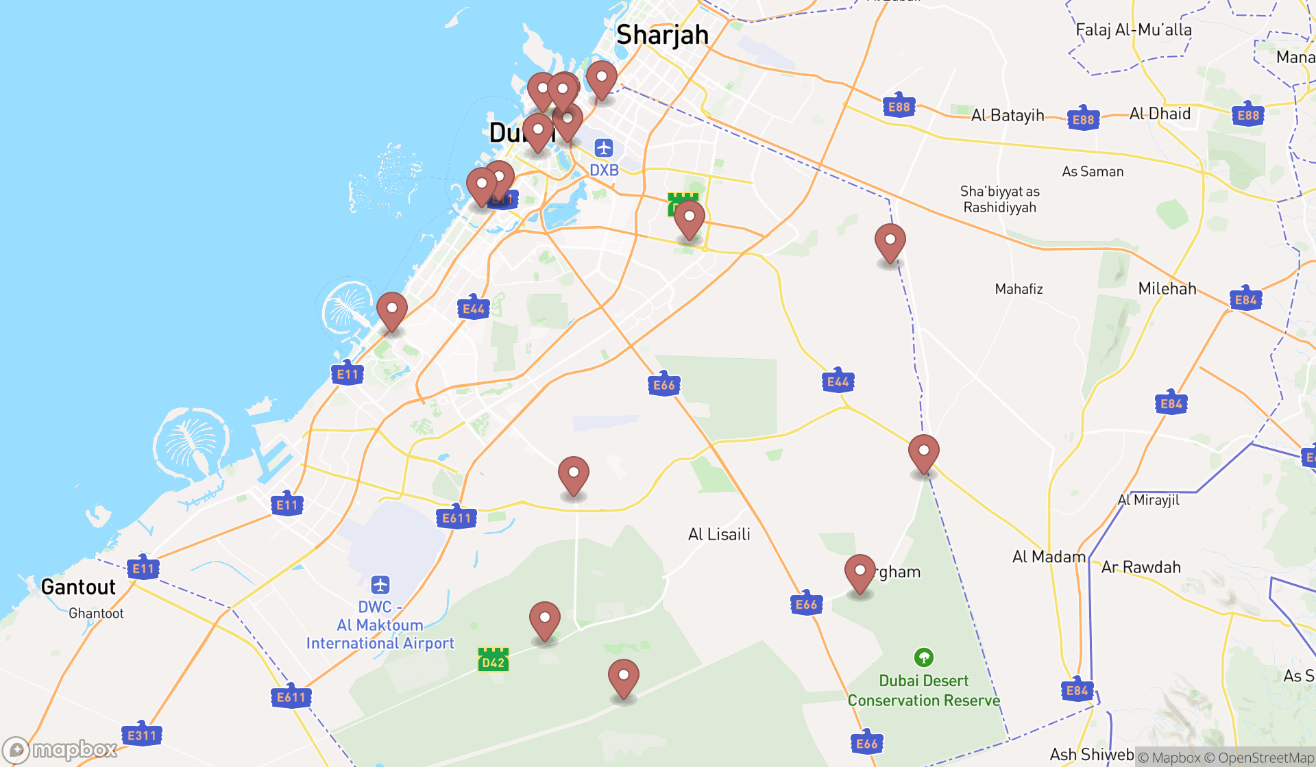 Map showing the search results in Dubai