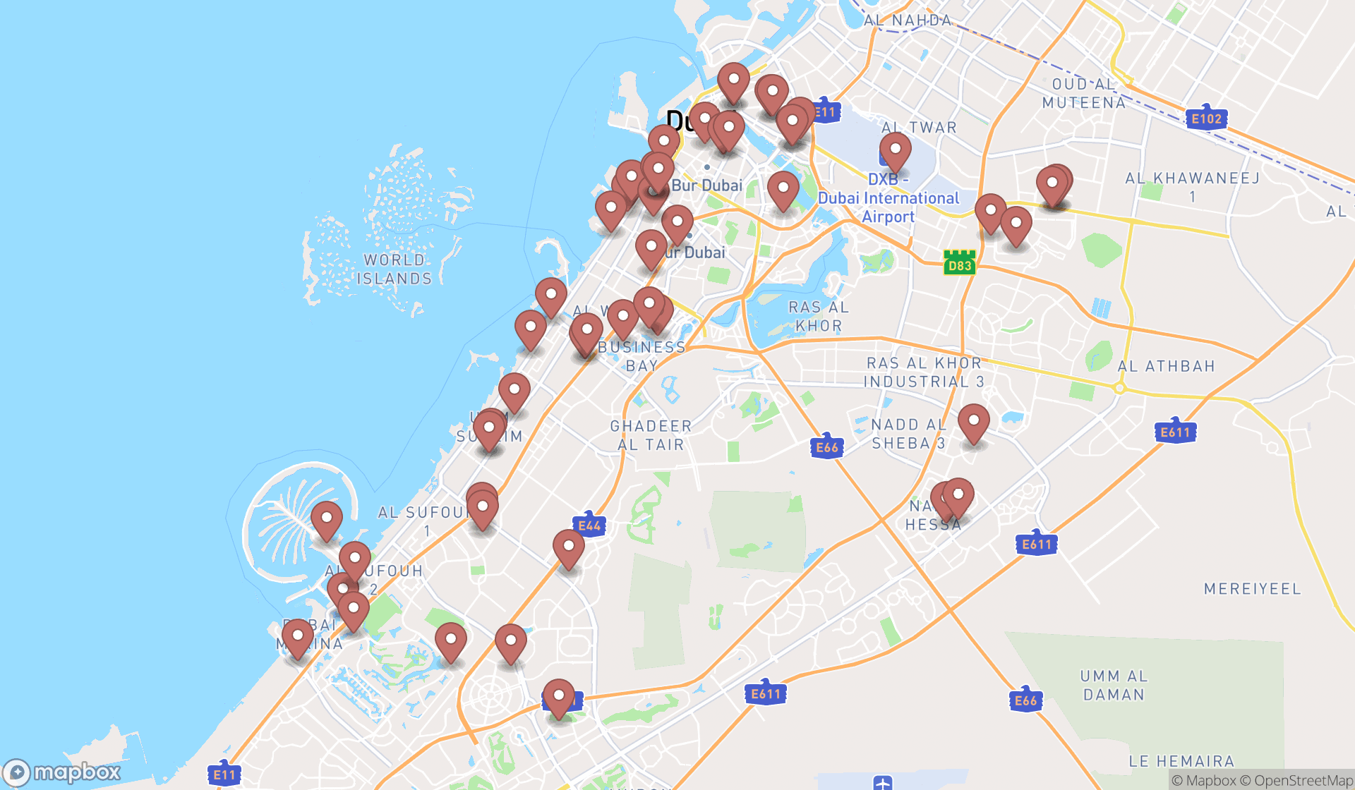 Map showing the search results in Dubai