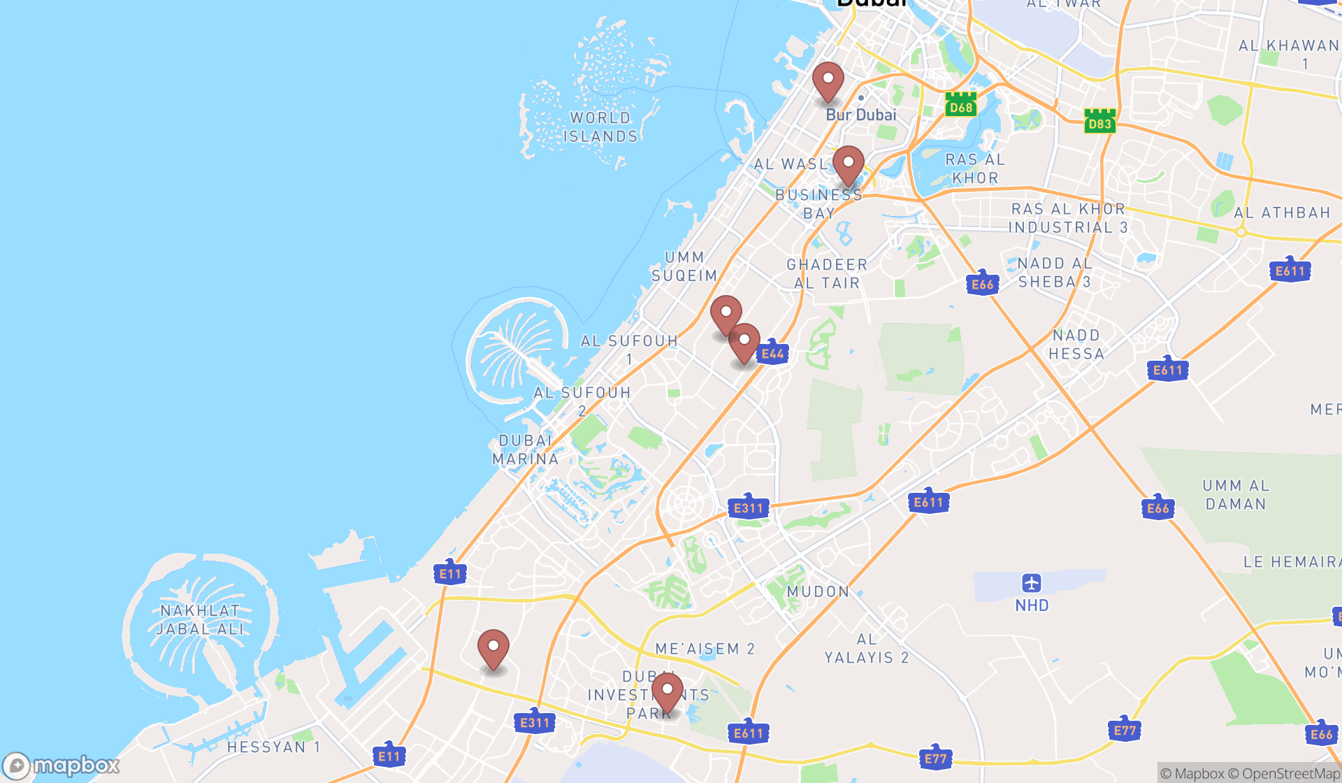 Map showing the search results in Dubai