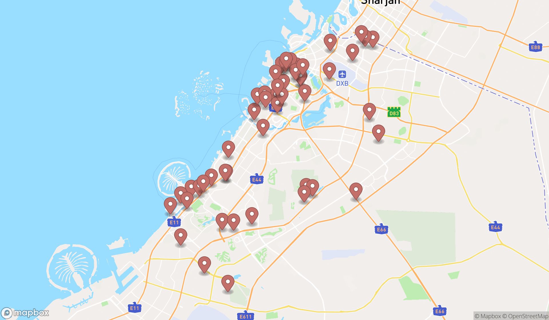 Map showing the search results in Dubai