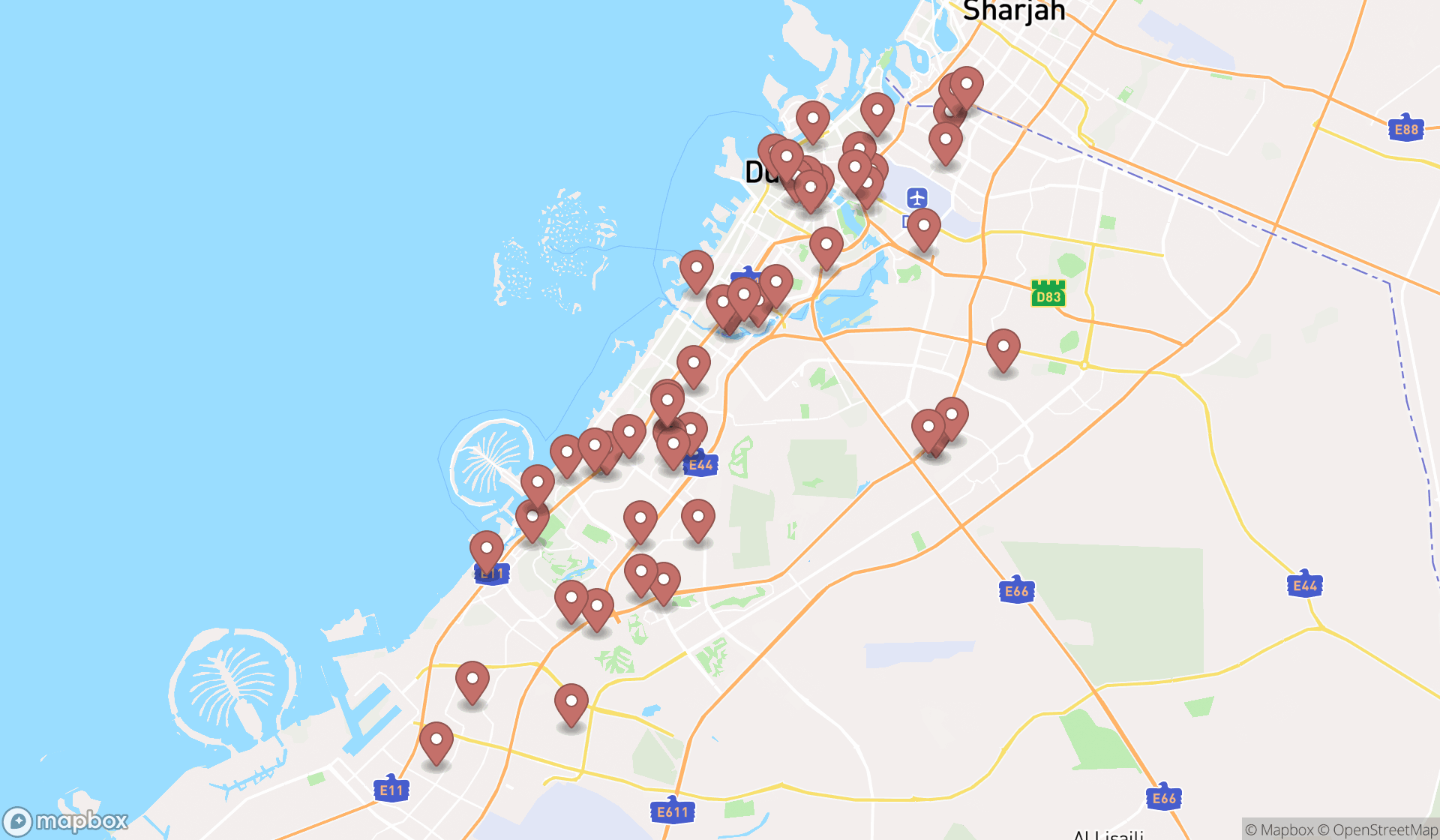 Map showing the search results in Dubai