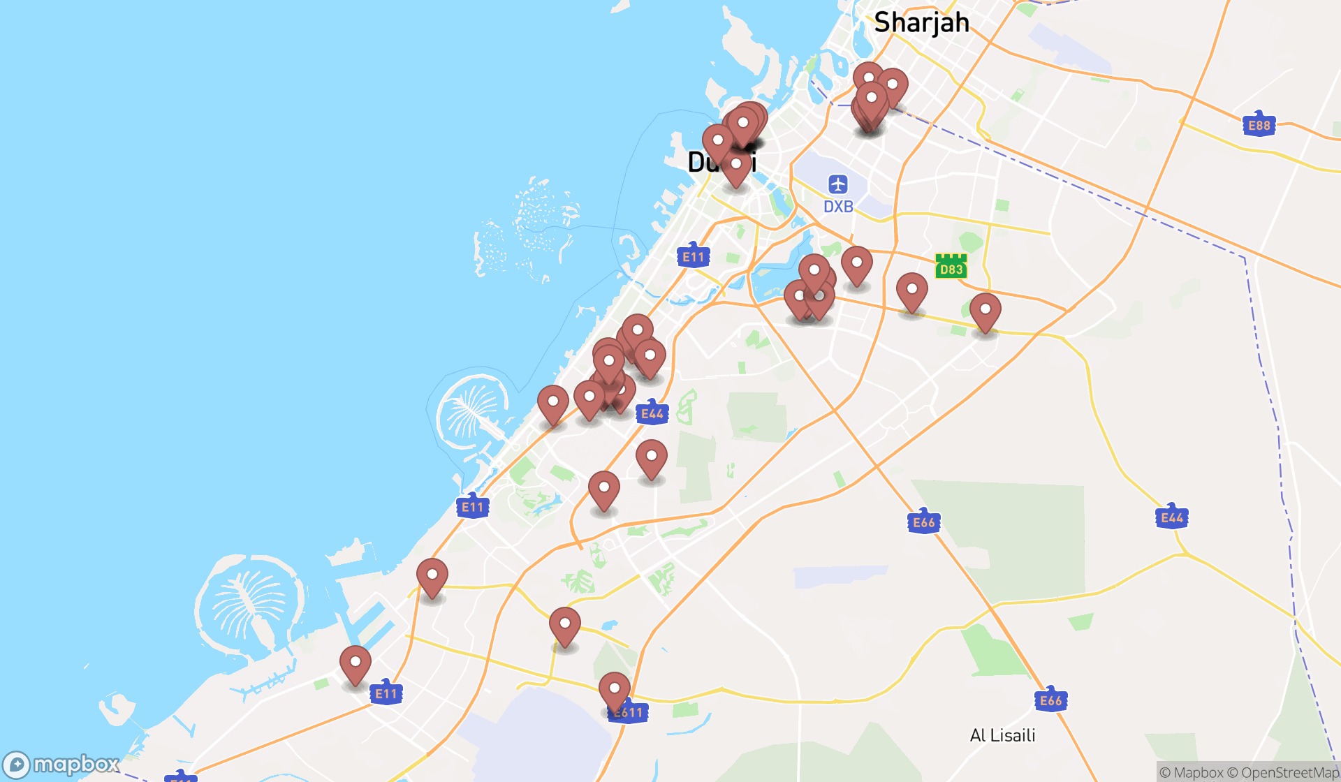Map showing the search results in Dubai
