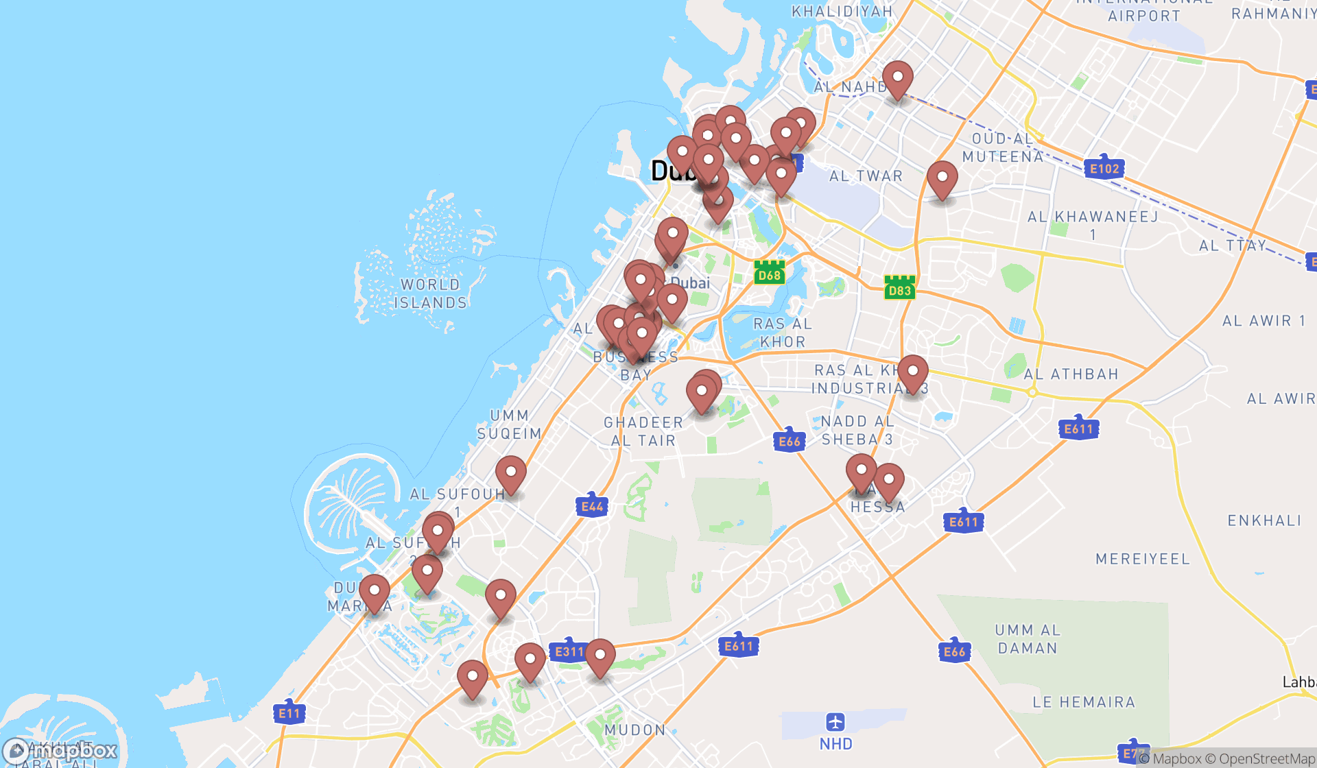 Map showing the search results in Dubai