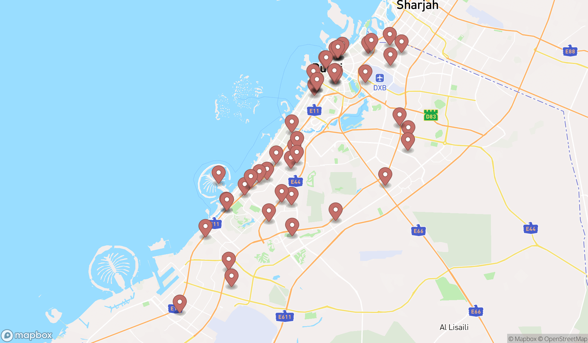 Map showing the search results in Dubai
