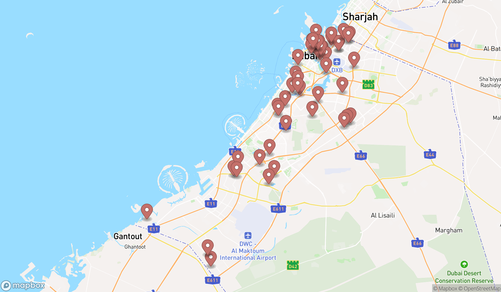 Map showing the search results in Dubai