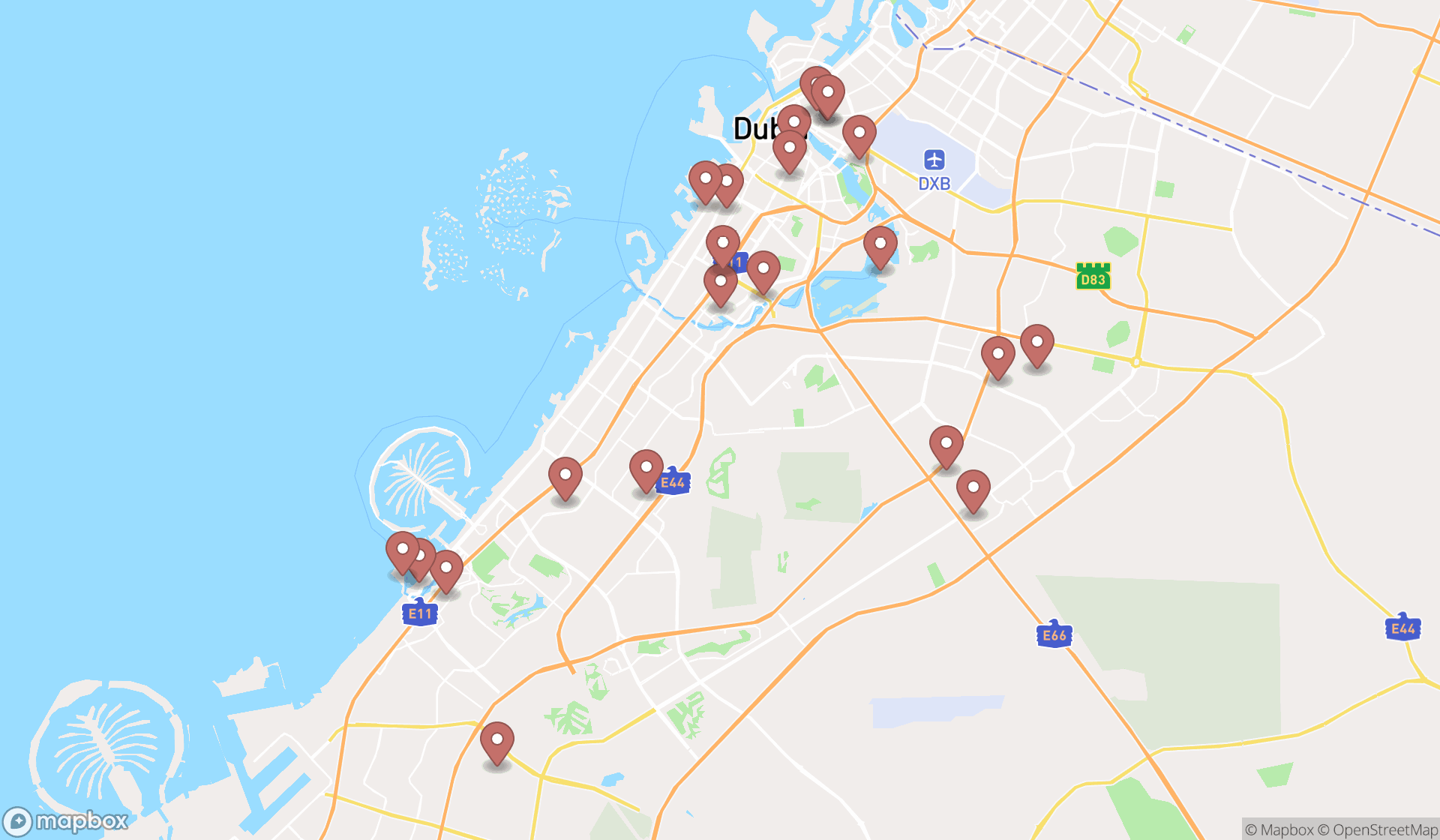 Map showing the search results in Dubai