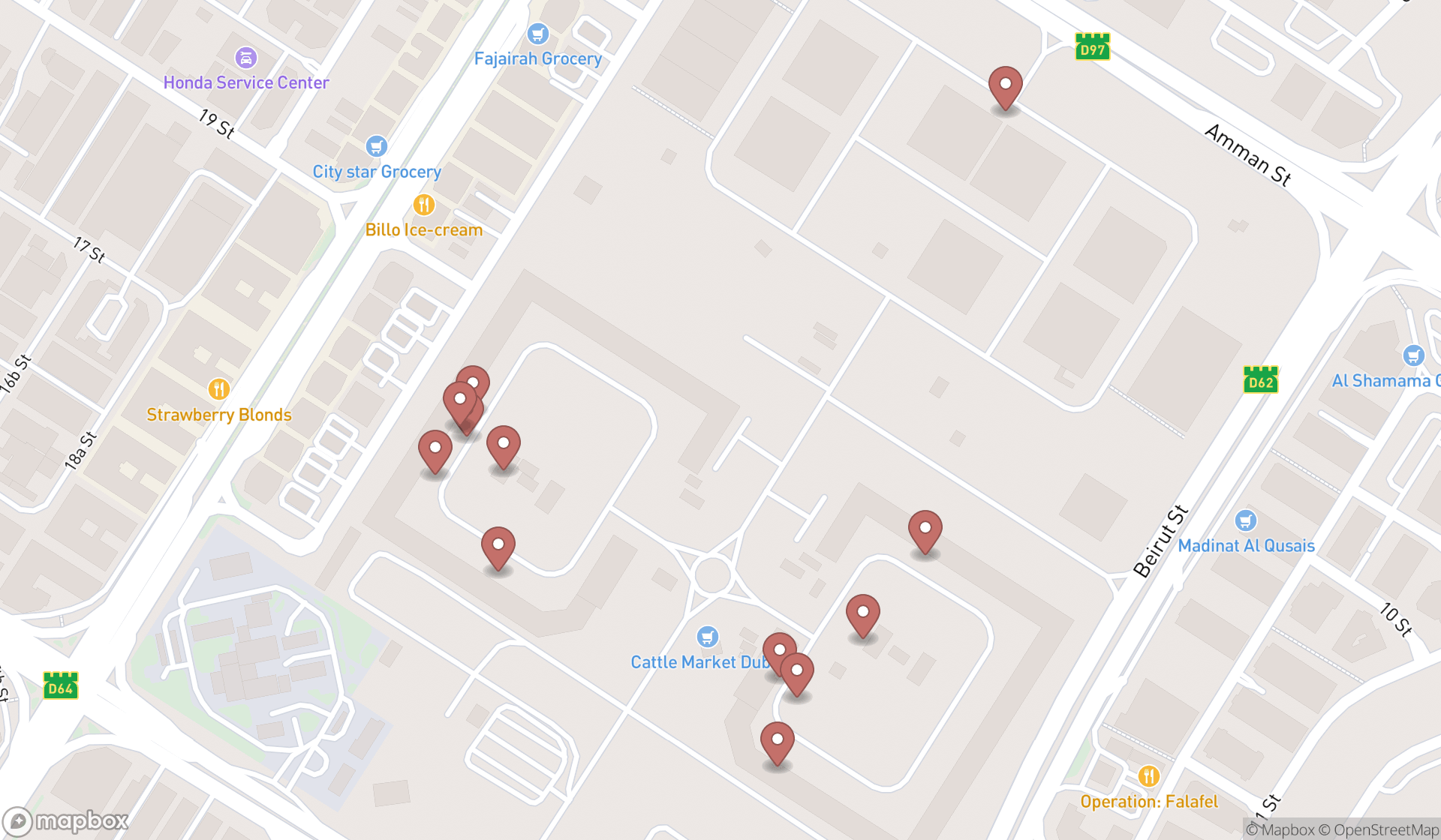 Map showing the search results in Dubai