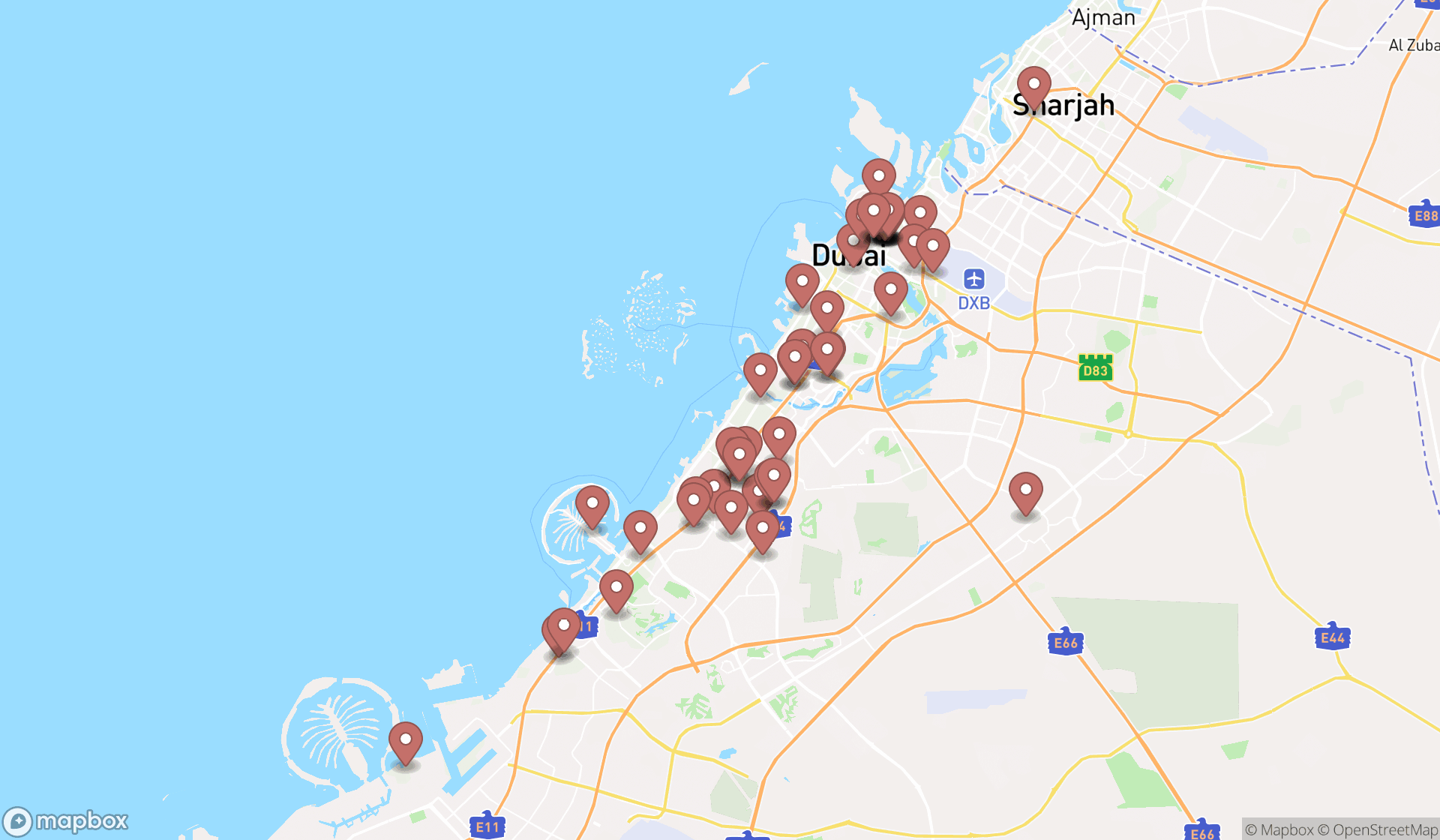 Map showing the search results in Dubai