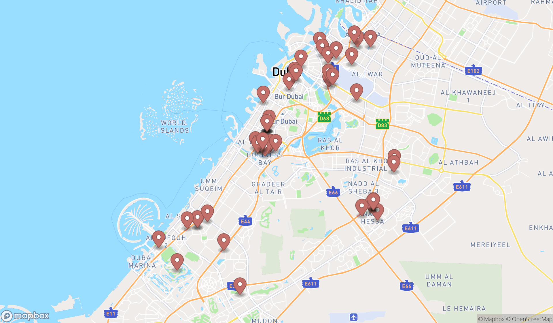 Map showing the search results in Dubai
