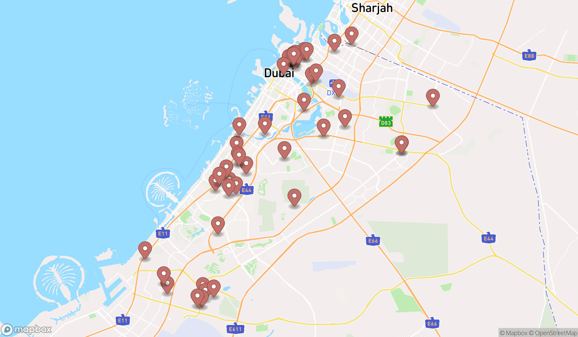 Map showing the search results in Dubai