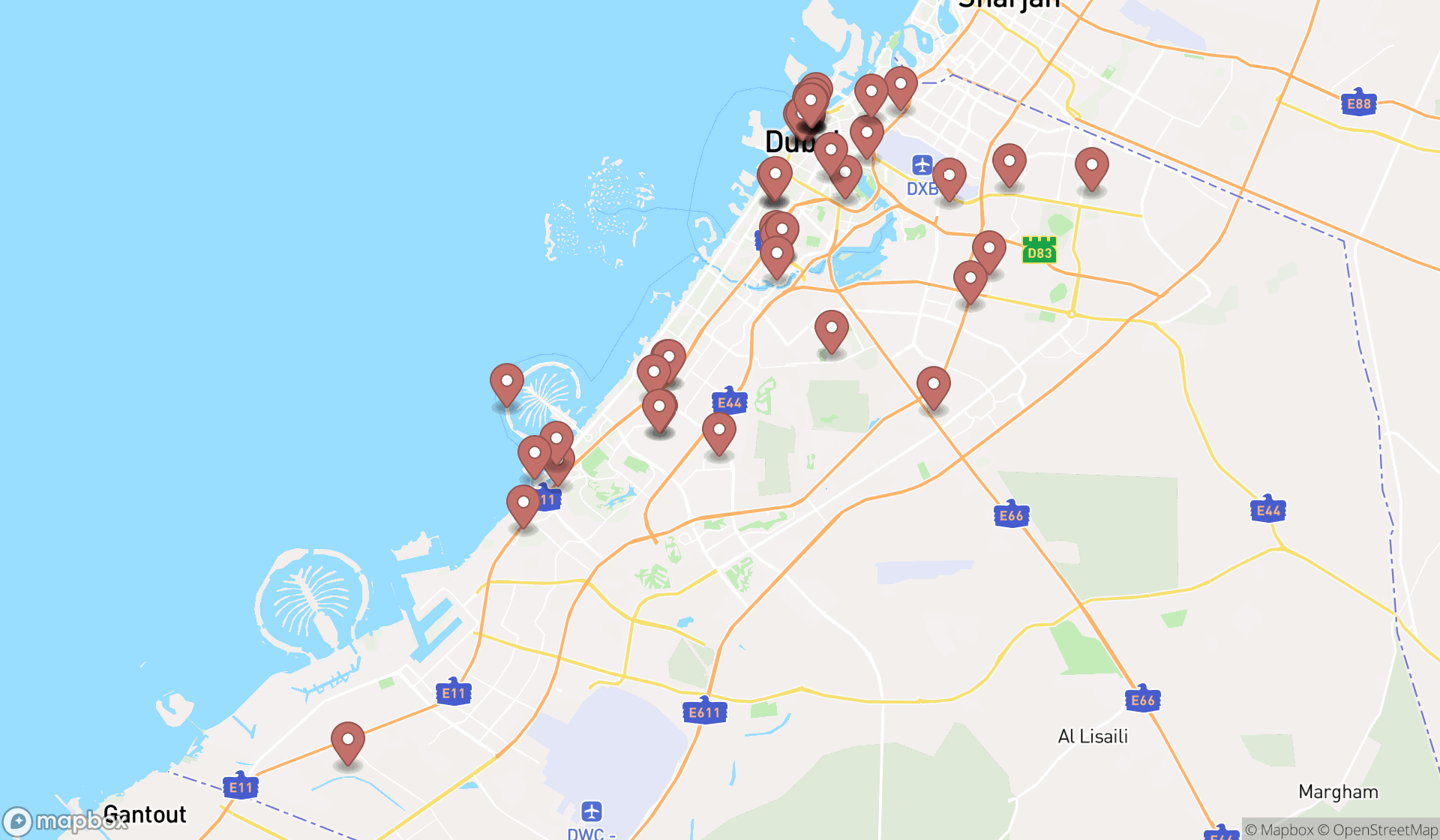 Map showing the search results in Dubai