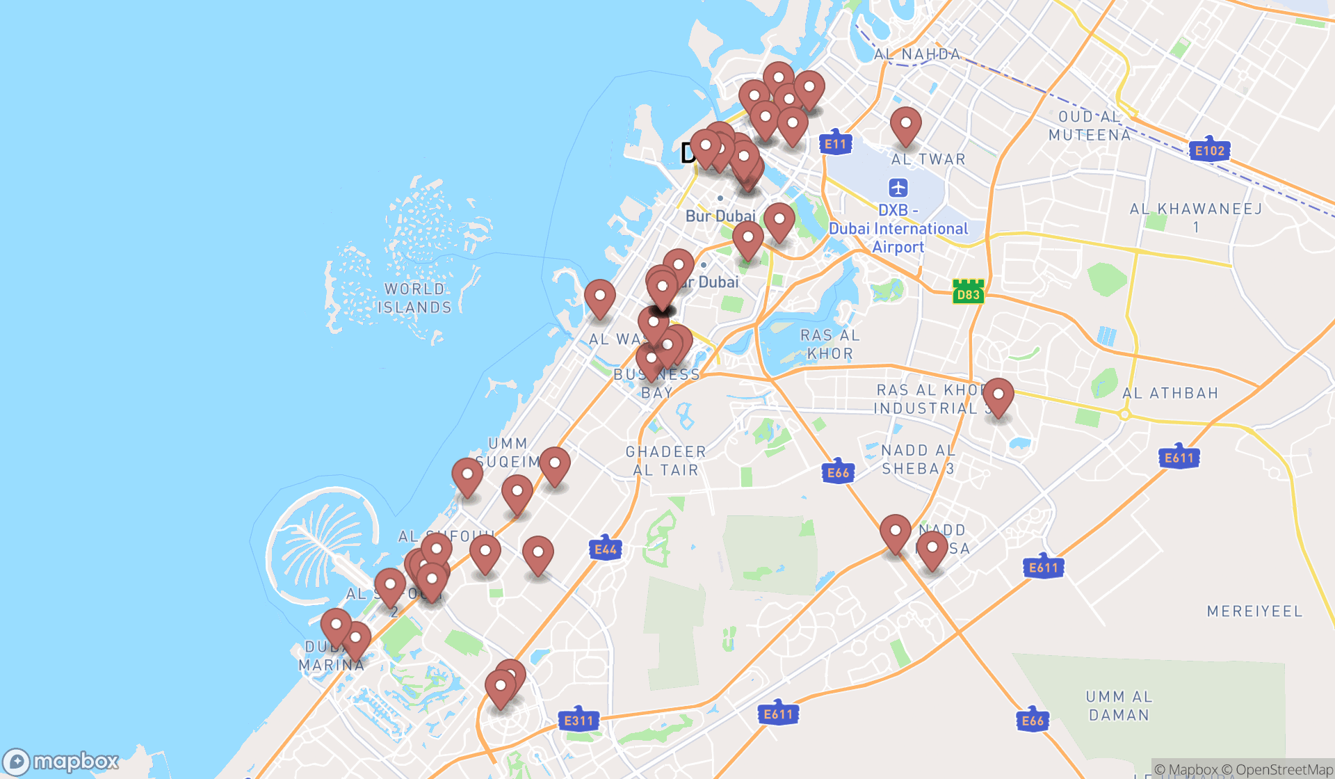 Map showing the search results in Dubai