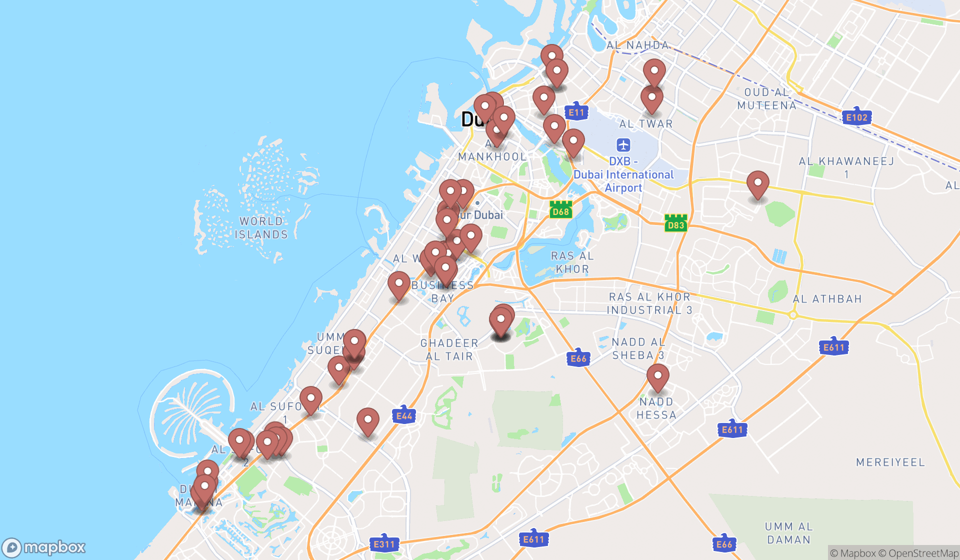 Map showing the search results in Dubai