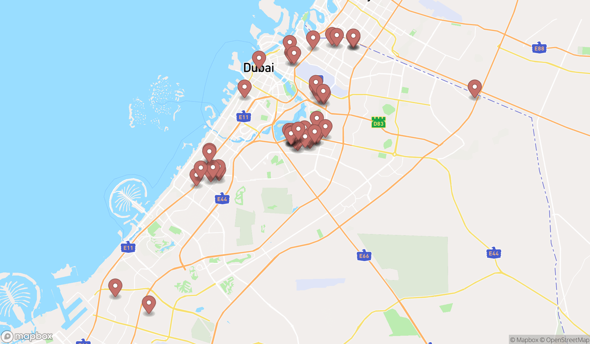 Map showing the search results in Dubai