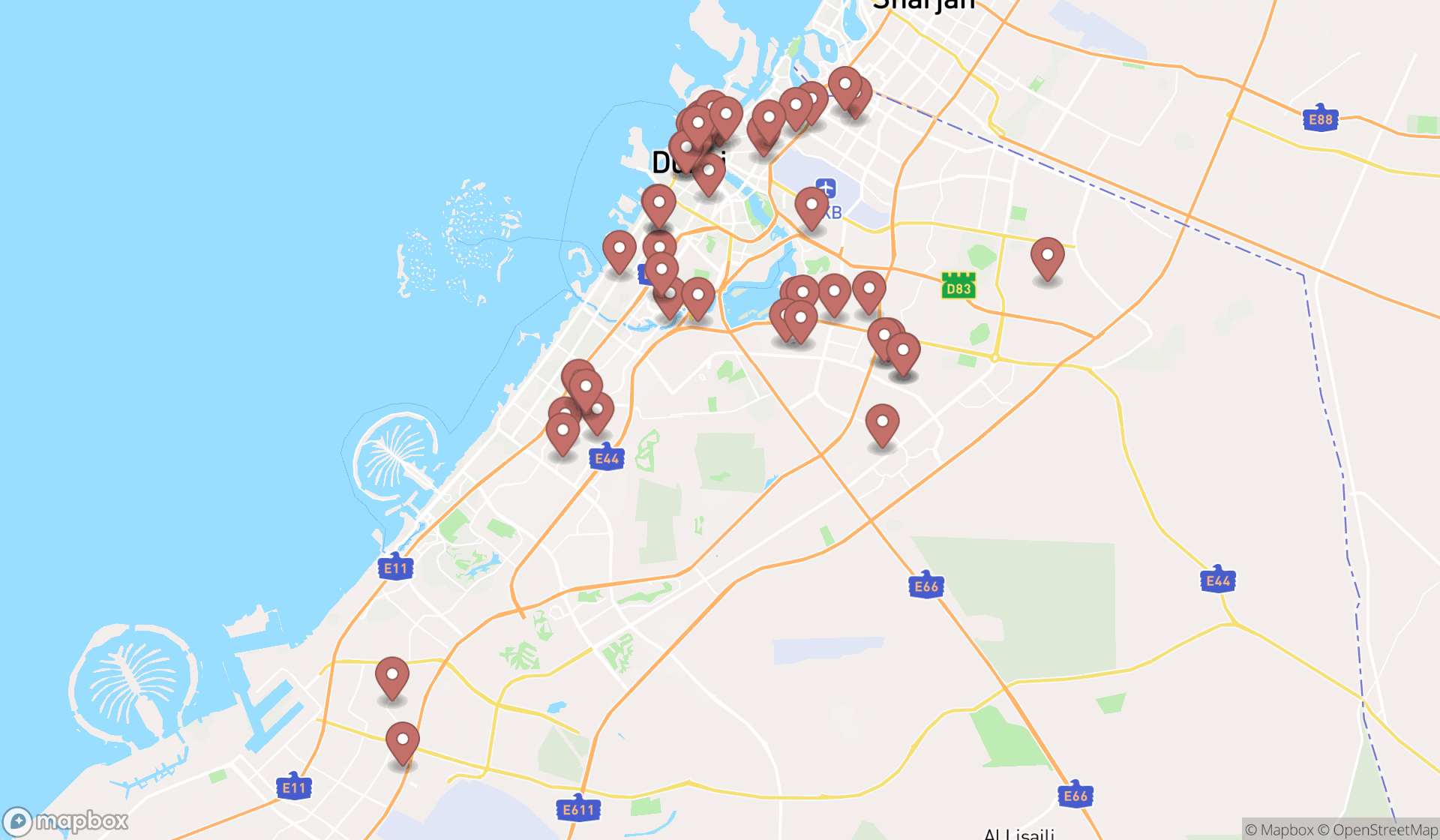 Map showing the search results in Dubai