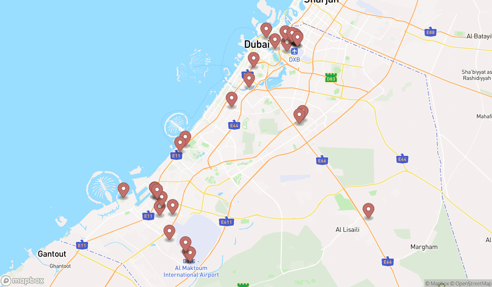 Map showing the search results in Dubai