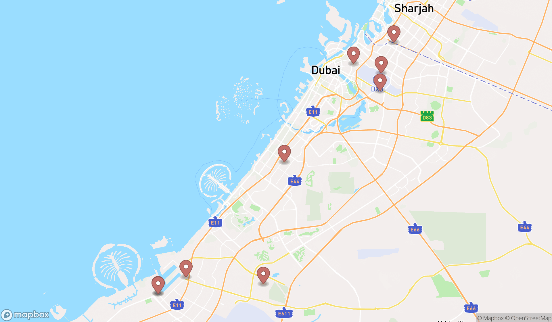 Map showing the search results in Dubai