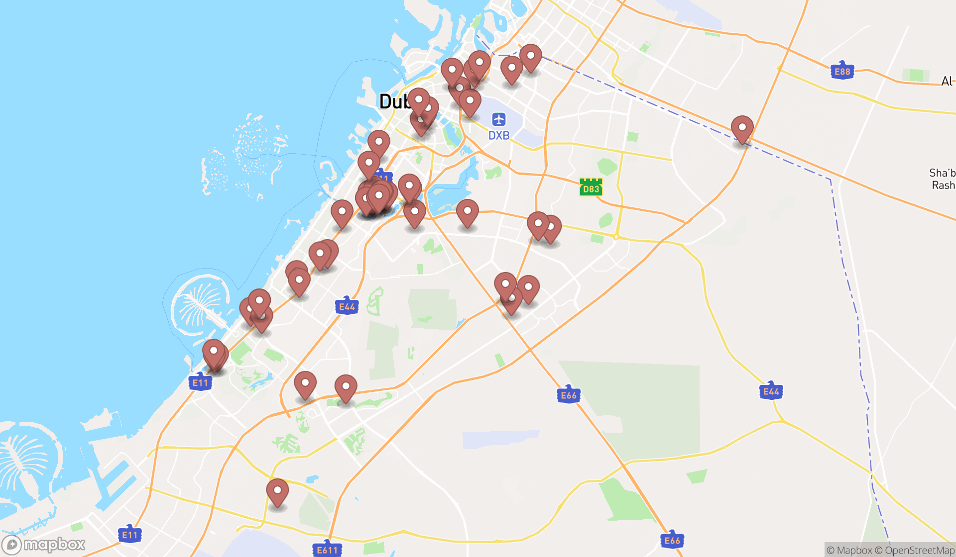 Map showing the search results in Dubai