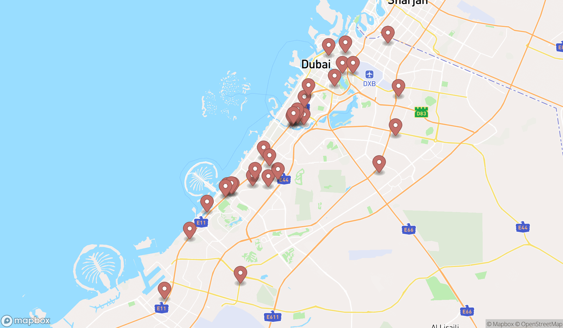 Map showing the search results in Dubai