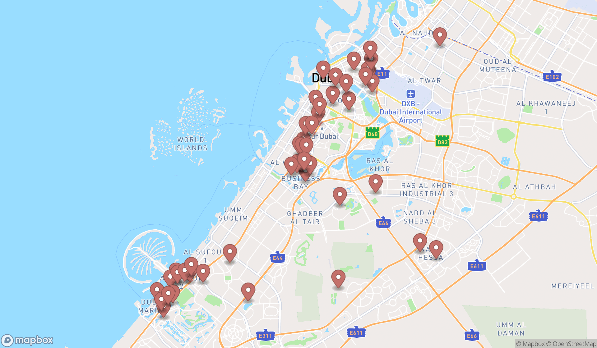 Map showing the search results in Dubai