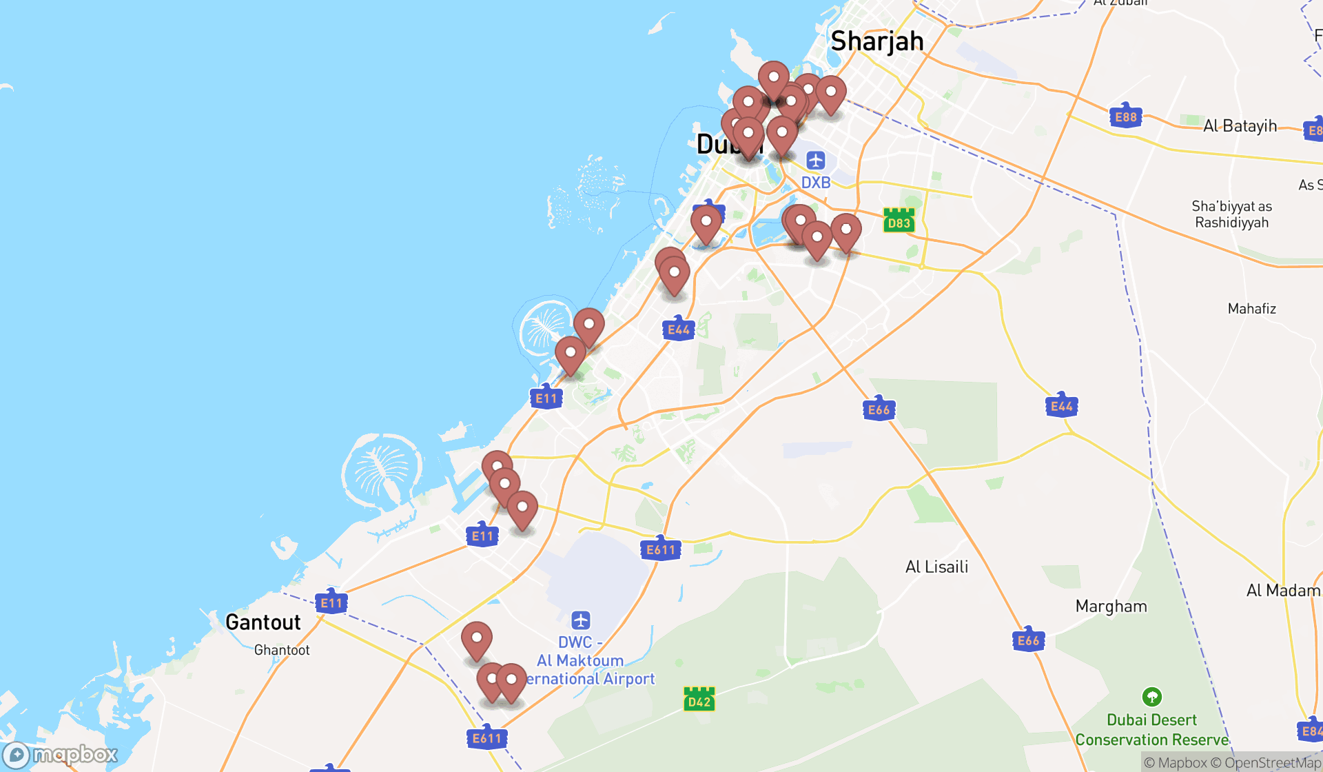 Map showing the search results in Dubai