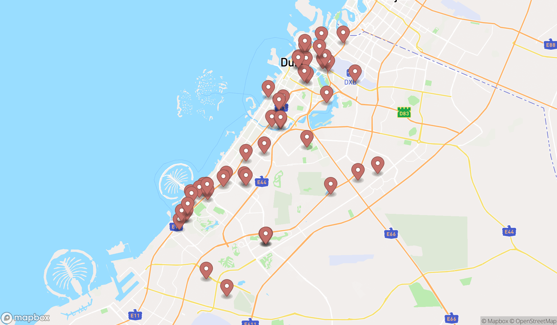 Map showing the search results in Dubai
