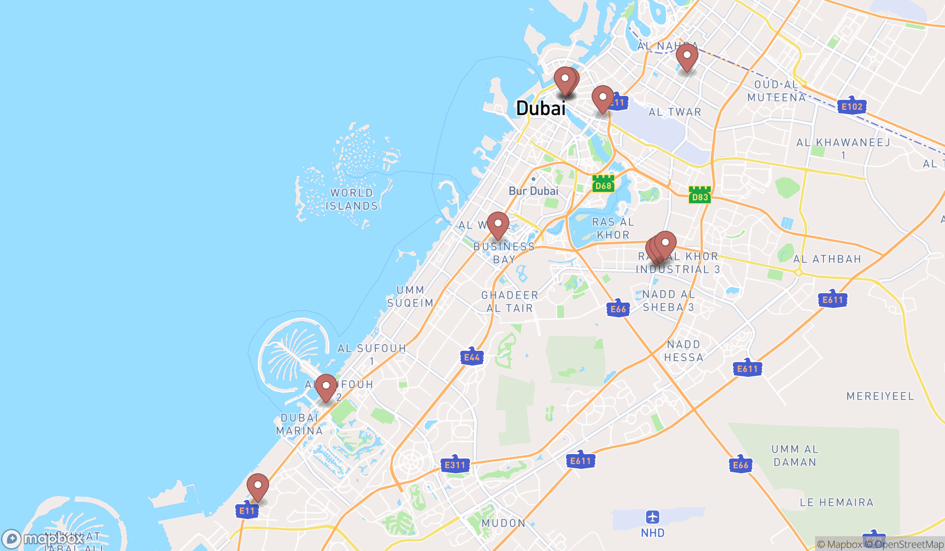 Map showing the search results in Dubai