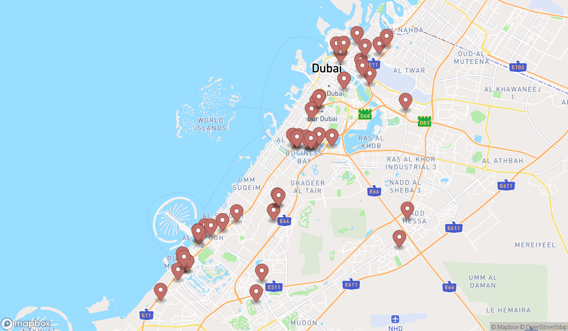 Map showing the search results in Dubai