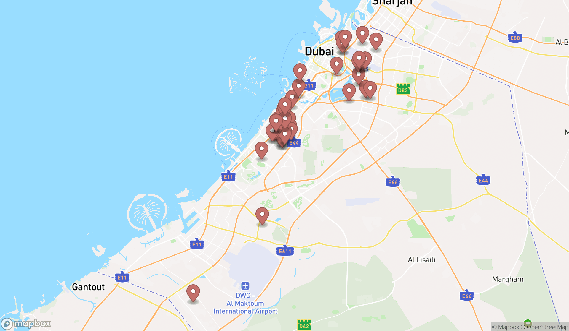 Map showing the search results in Dubai