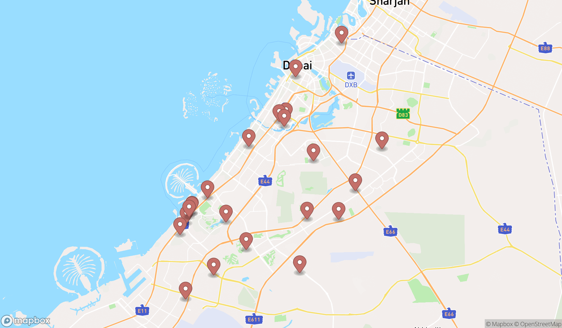 Map showing the search results in Dubai