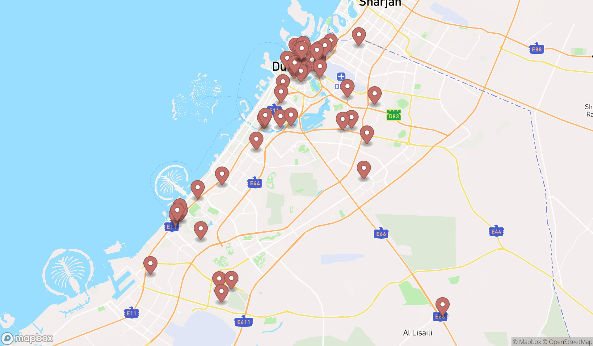 Map showing the search results in Dubai