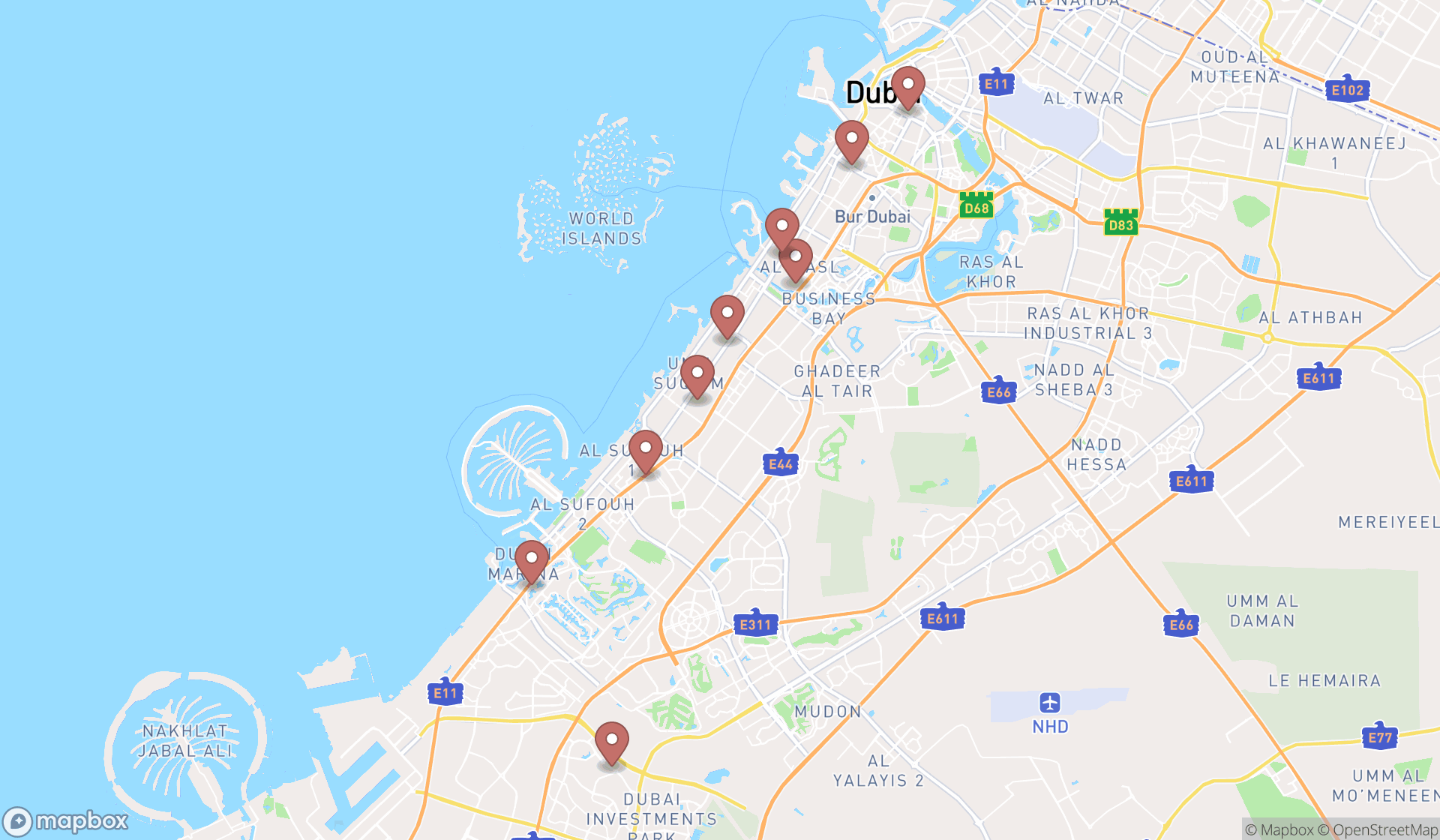Map showing the search results in Dubai