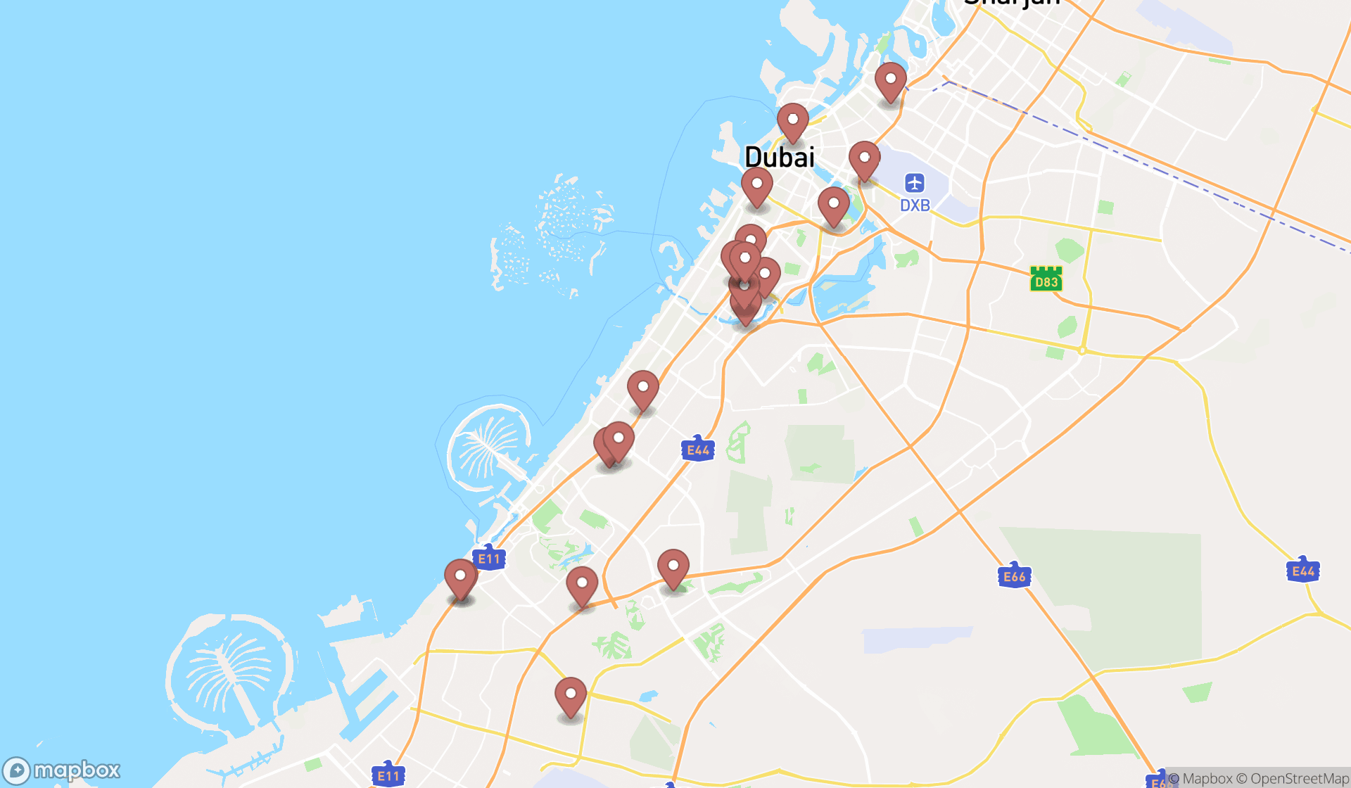 Map showing the search results in Dubai