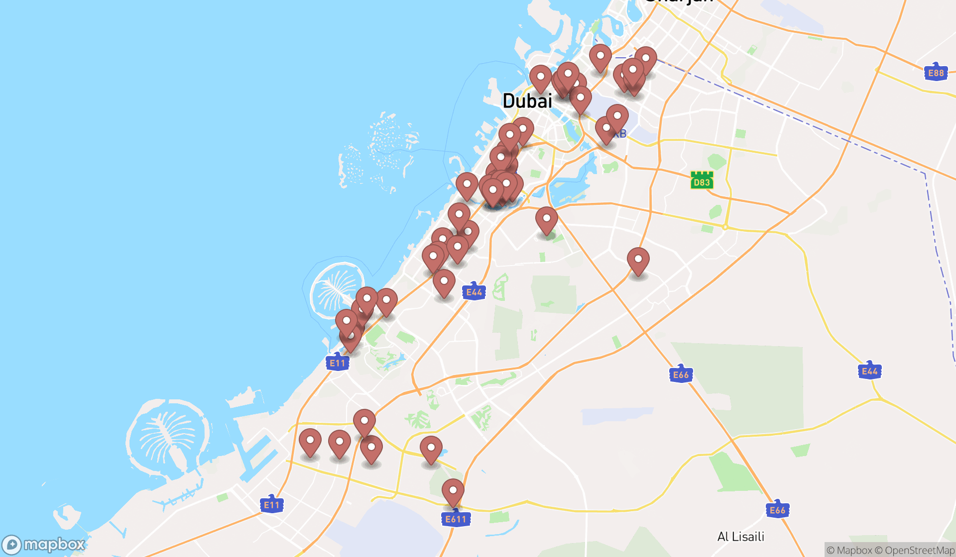 Map showing the search results in Dubai