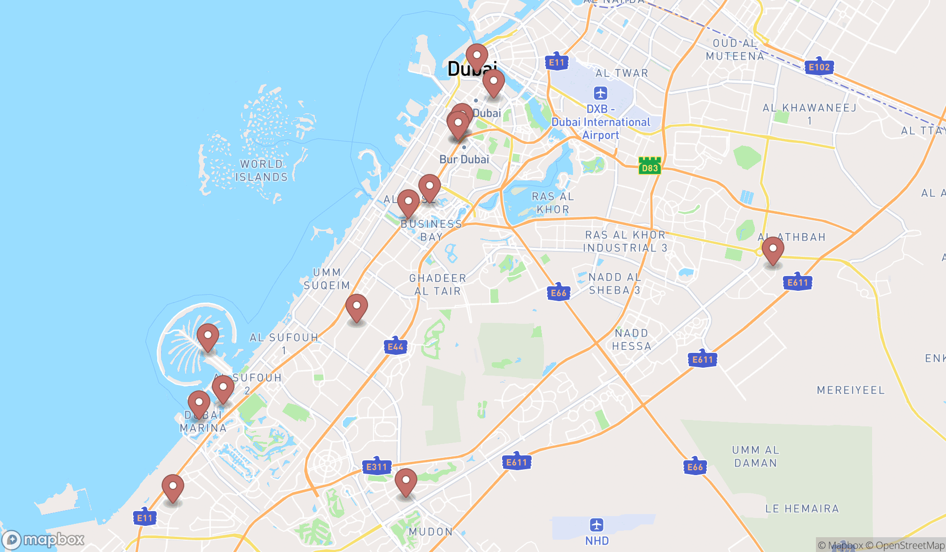 Map showing the search results in Dubai
