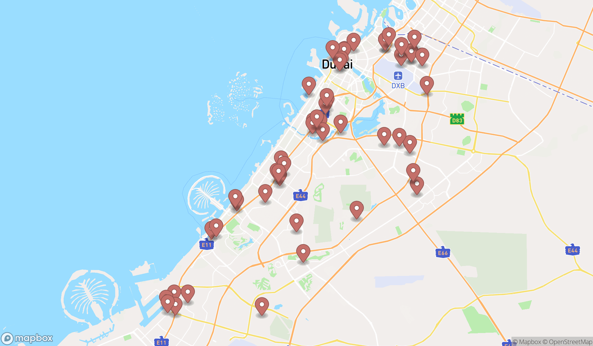 Map showing the search results in Dubai