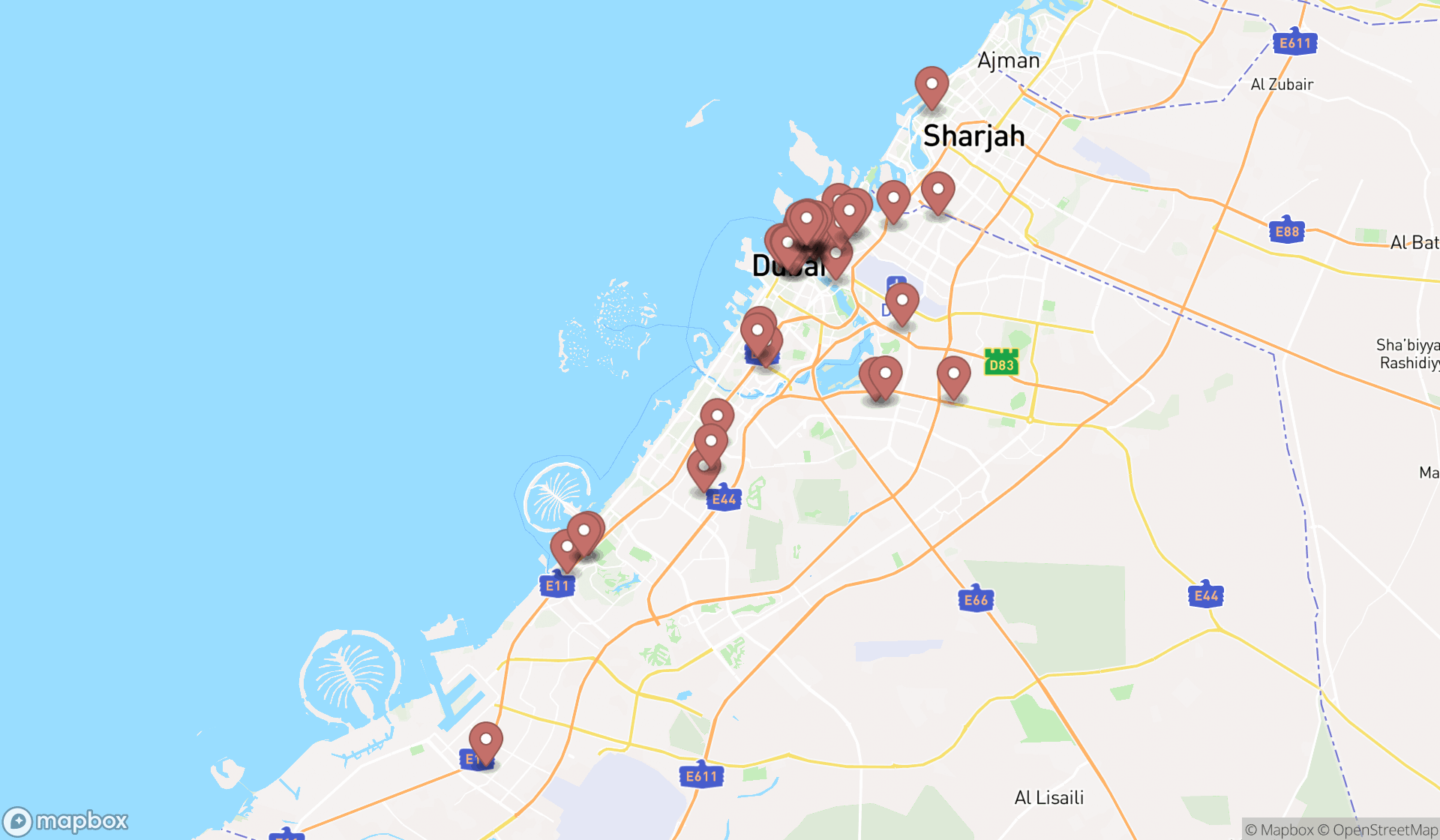 Map showing the search results in Dubai