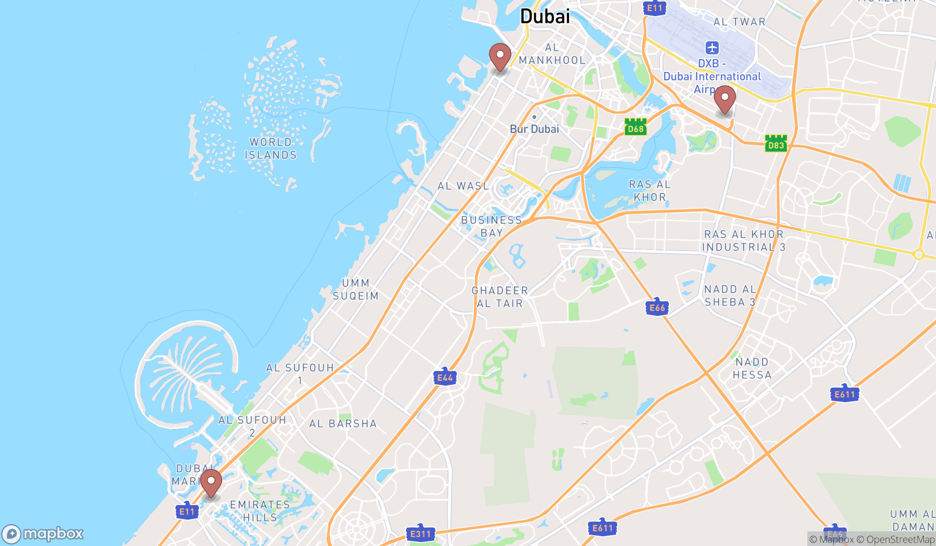Map showing the search results in Dubai
