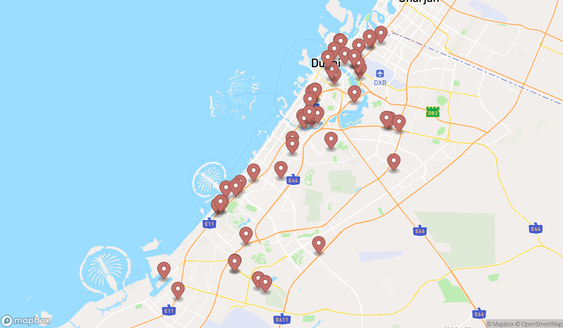 Map showing the search results in Dubai