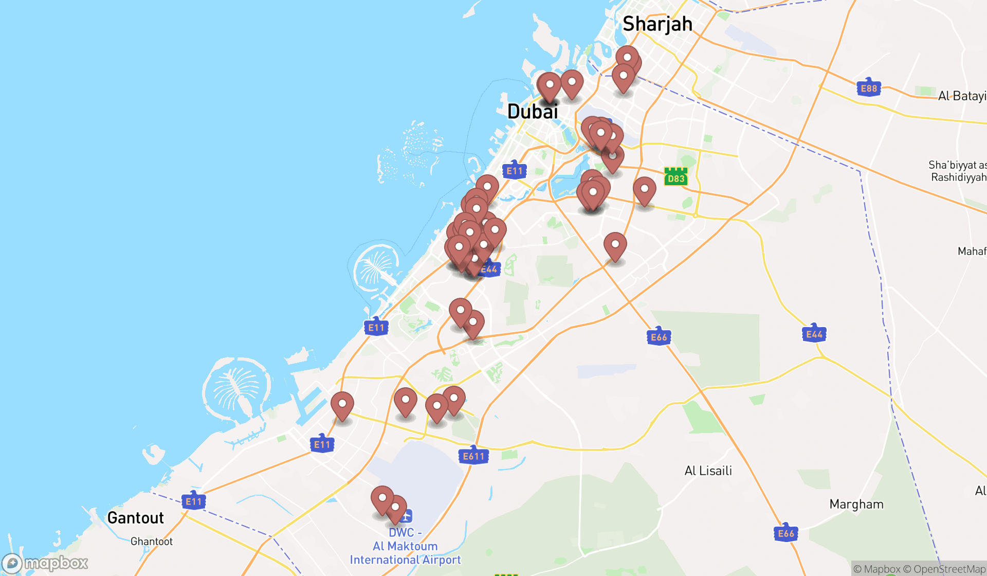 Map showing the search results in Dubai