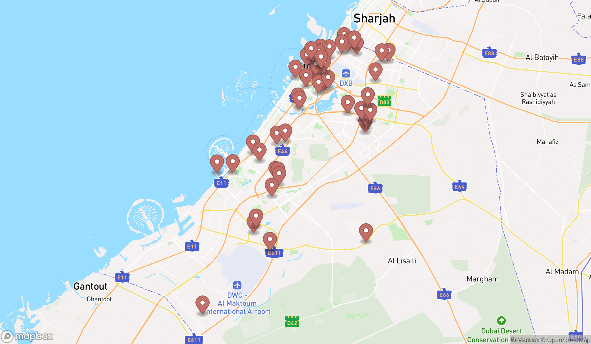 Map showing the search results in Dubai