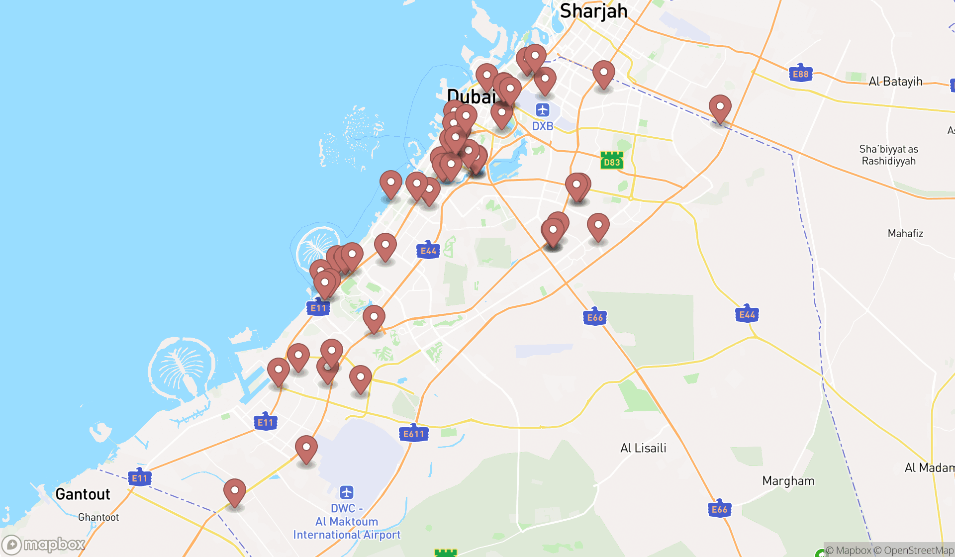 Map showing the search results in Dubai