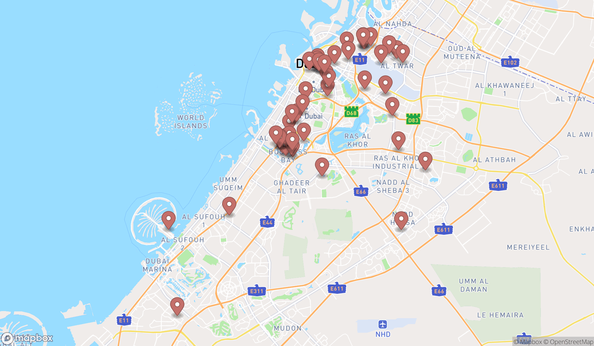 Map showing the search results in Dubai