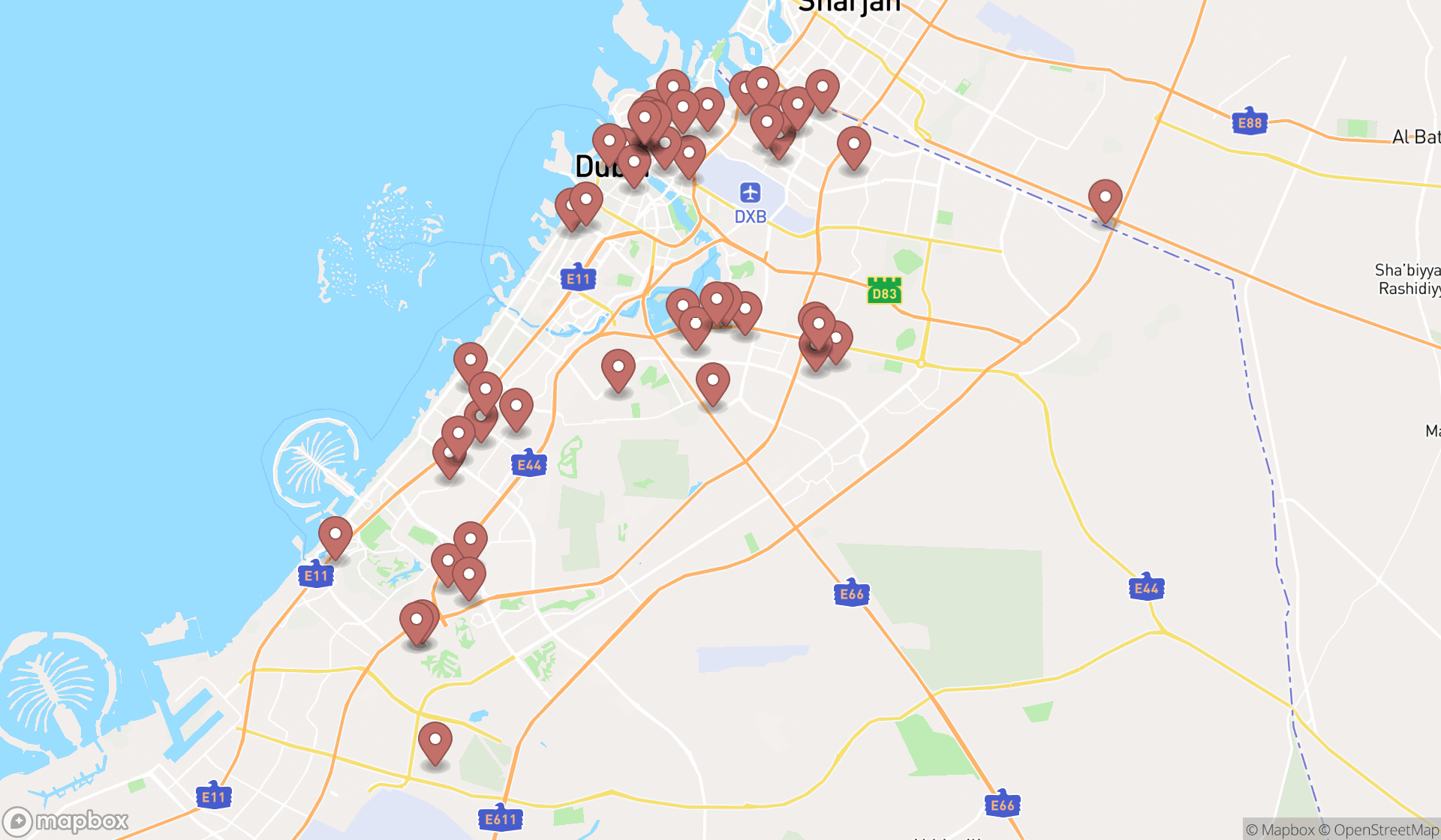 Map showing the search results in Dubai