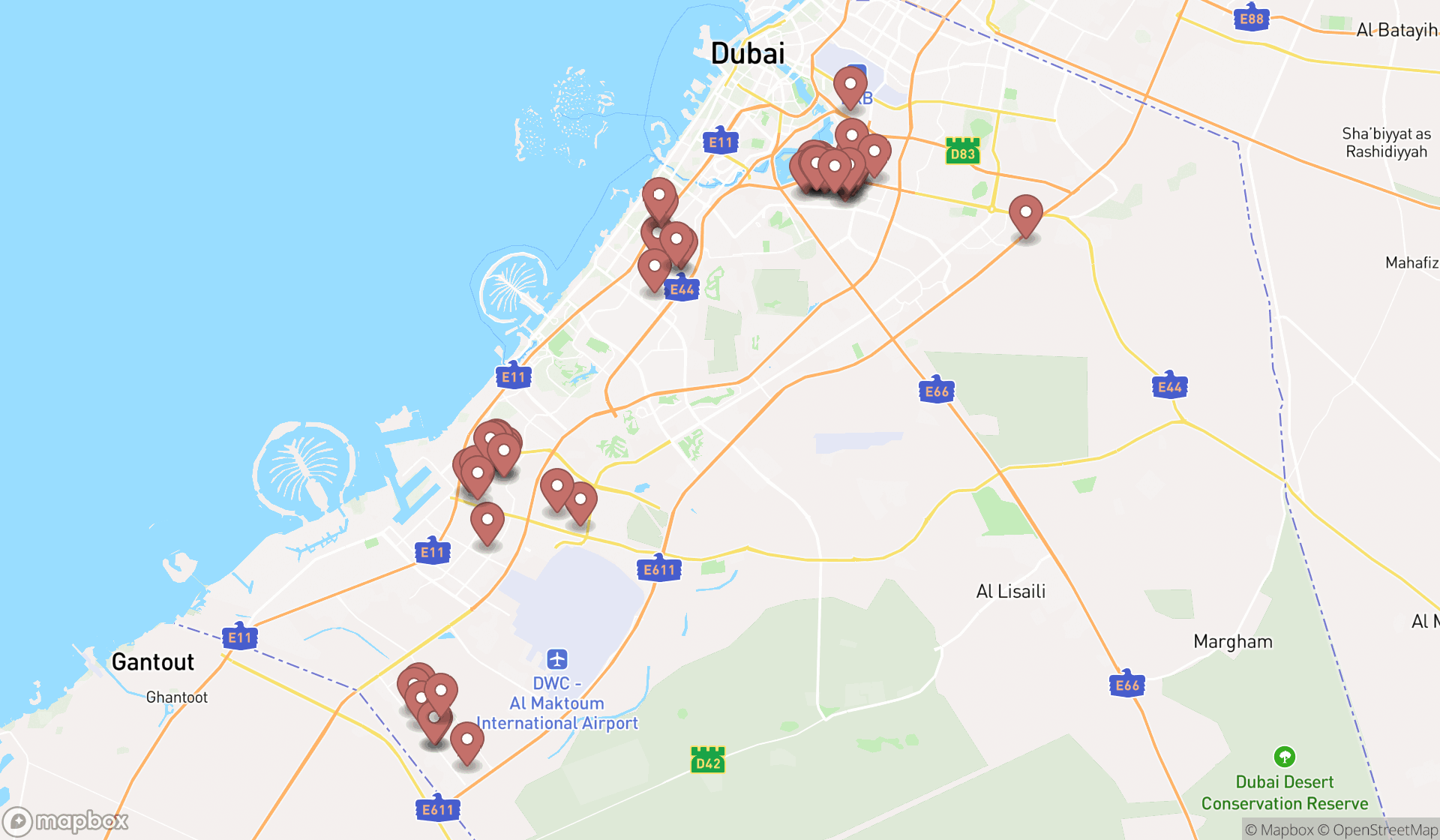 Map showing the search results in Dubai