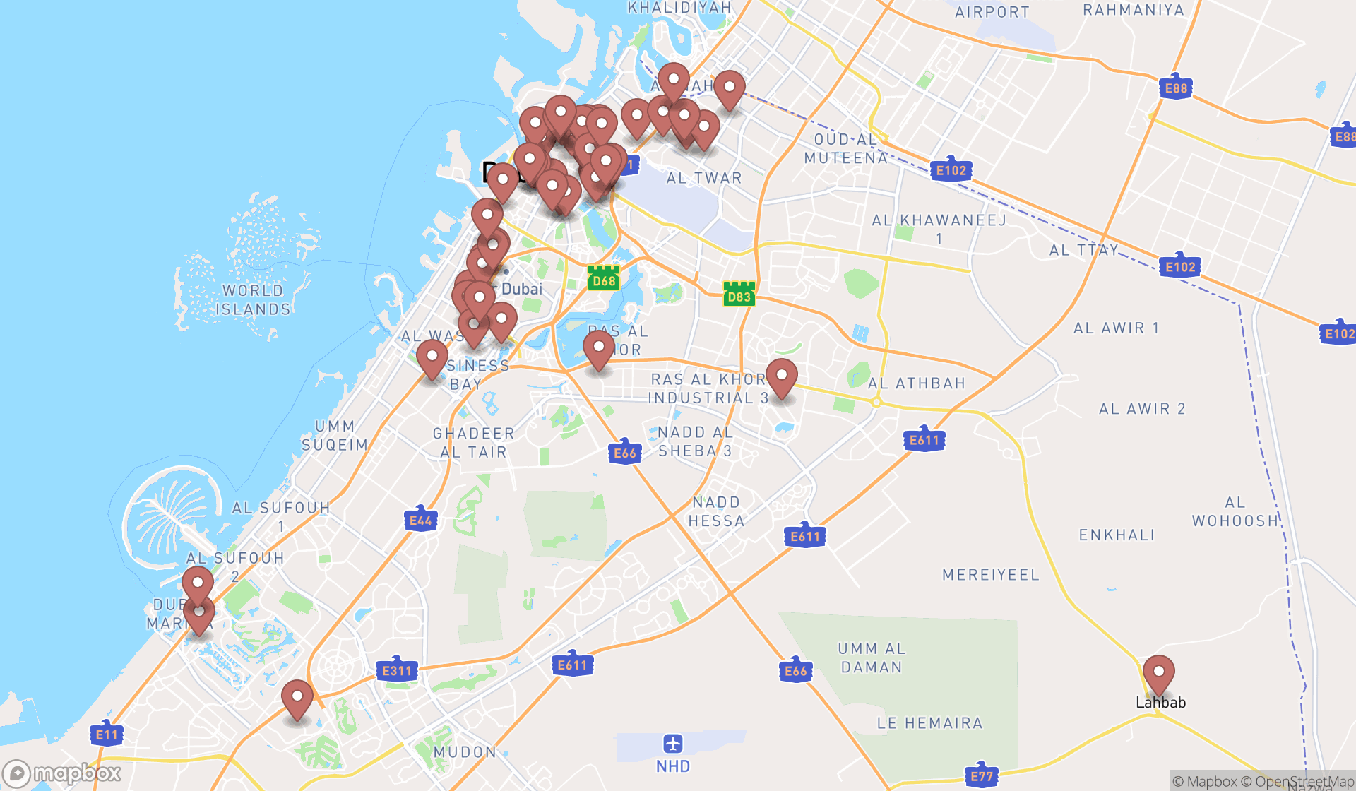 Map showing the search results in Dubai