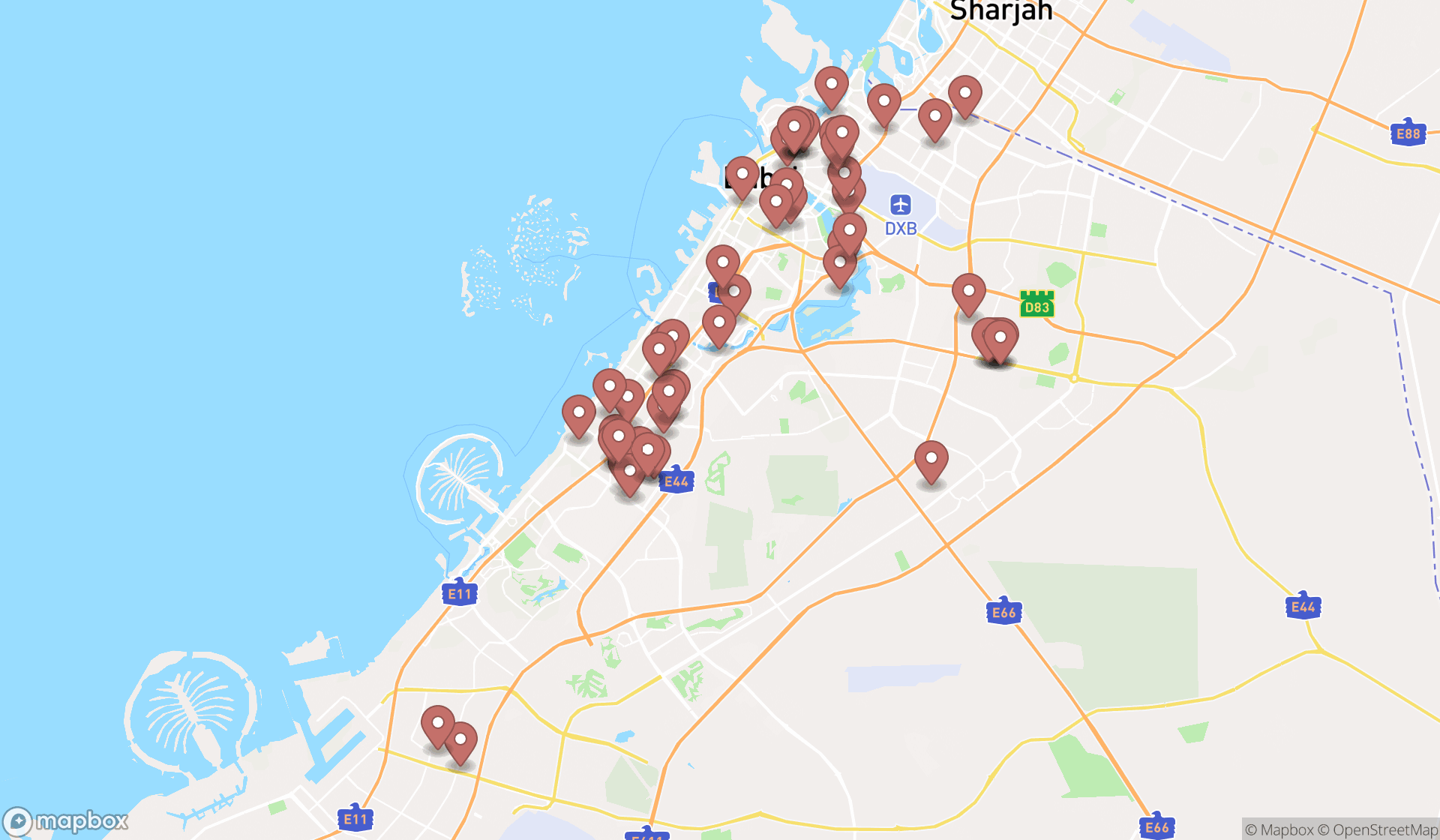 Map showing the search results in Dubai