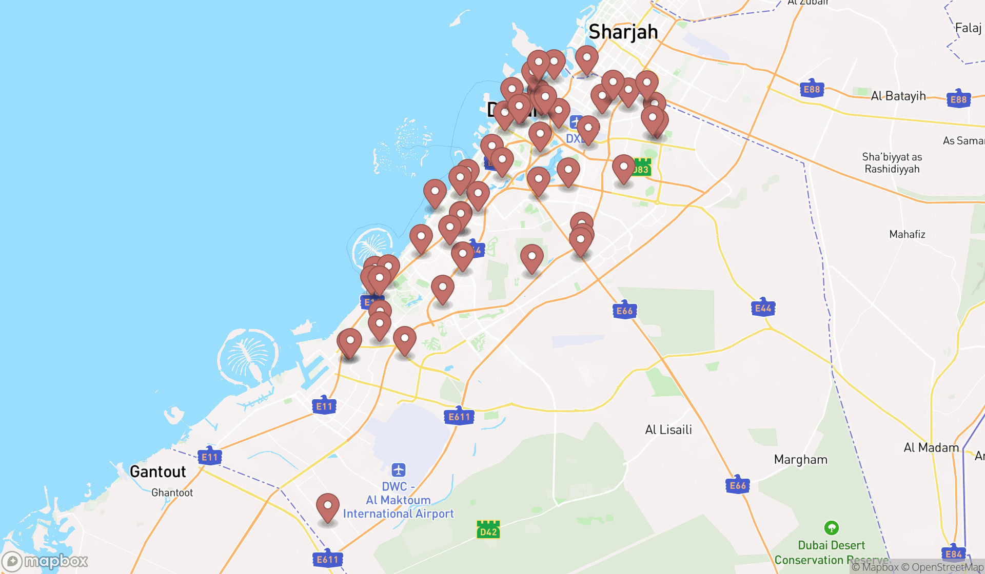 Map showing the search results in Dubai