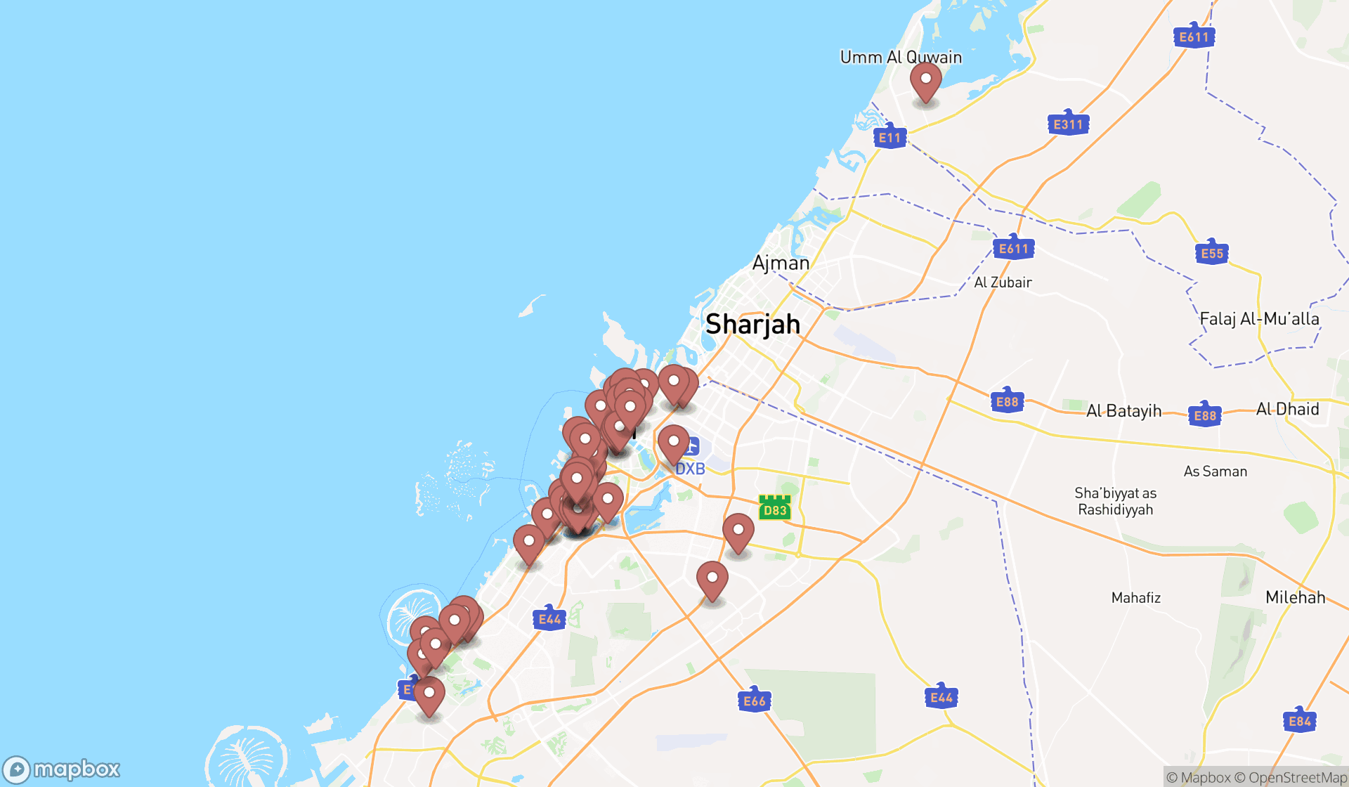 Map showing the search results in Dubai